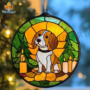 May include: A stained glass ornament featuring a beagle dog sitting in front of three lit candles. The dog is brown and white with a black collar. The background is a green and yellow stained glass design.