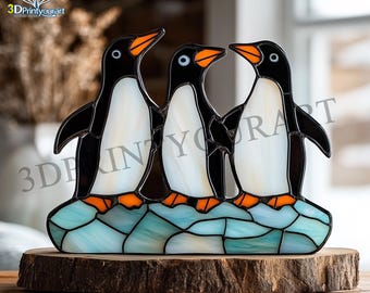 Digitale download pinguïn X3-patroon van gebrandschilderd glas | Feestelijk suncatcher-ontwerp | Hobbylicentie downloaden