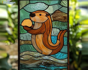 Descarga digital de patrón de nutria de vidrio de colores / Diseño de atrapasol festivo / Descarga con licencia de pasatiempo