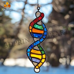 May include: A stained glass ornament shaped like a double helix, with a rainbow of colors including red, orange, yellow, green, blue, and purple.