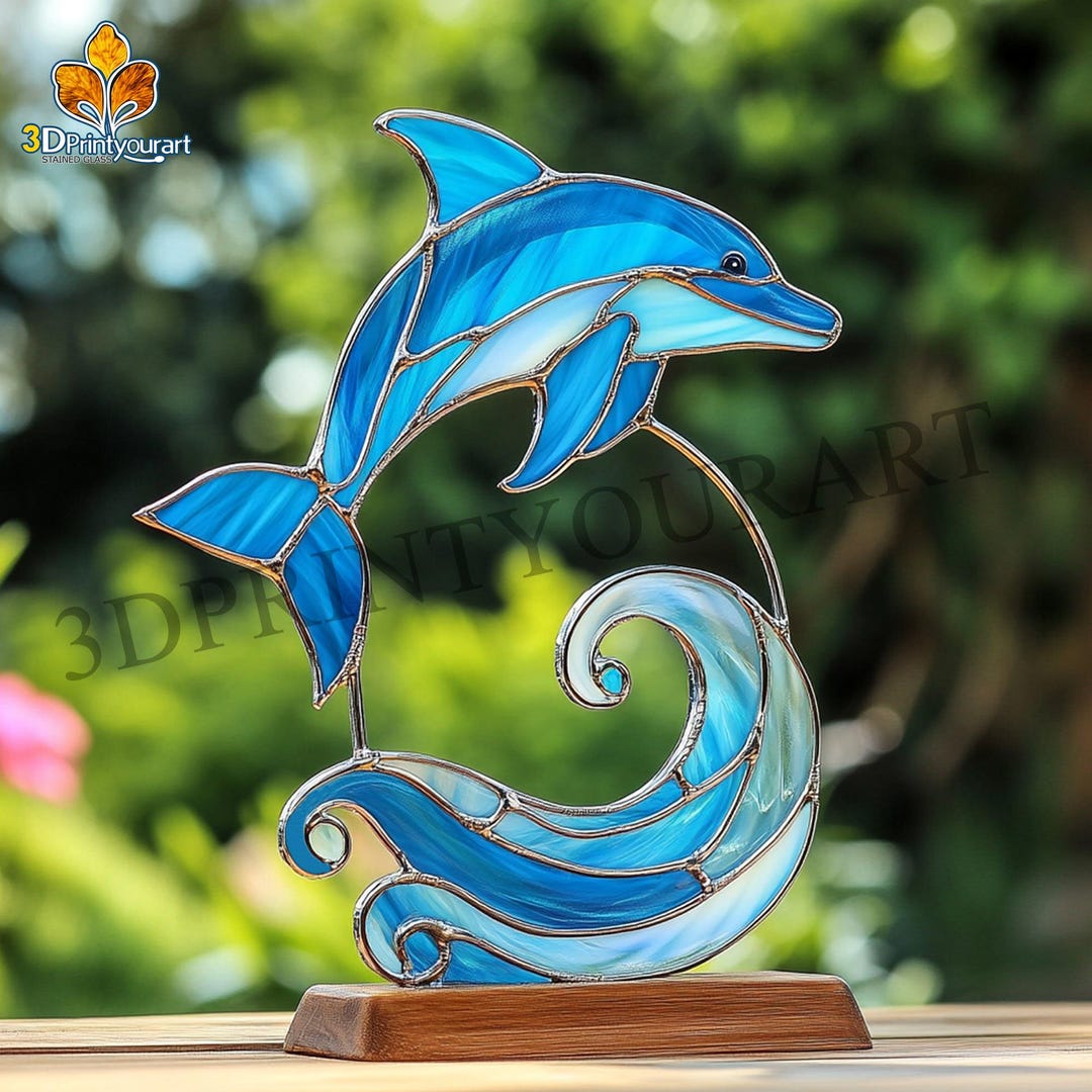 ステンドグラス　イルカ ステンドグラス風装飾ガラス(スクウェア) OG213｜オーダーガラス板.com