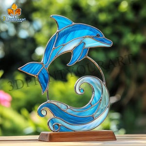 Descarga digital de patrón de delfín y olas de vidrio de colores / Diseño de atrapasol festivo / Descarga con licencia de pasatiempo