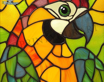 オウムのステンドグラスプリントセット：鮮やかな鳥の絵5枚（デジタル