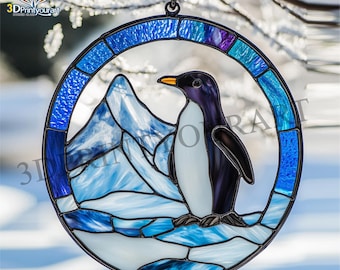 Digitale download pinguïnpatroon van gebrandschilderd glas | Feestelijk suncatcher-ontwerp | Hobbylicentie downloaden