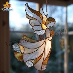 May include: Stained glass angel suncatcher with a white dress, gold and white wings, and a gold halo. The angel is hanging from a chain. The image has the text "3DPrintyourart".