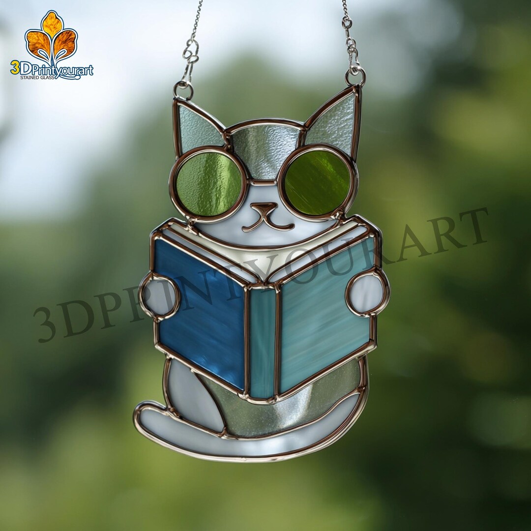 Digital Download Stained Glass Cat Reading Book Pattern | Festive ...