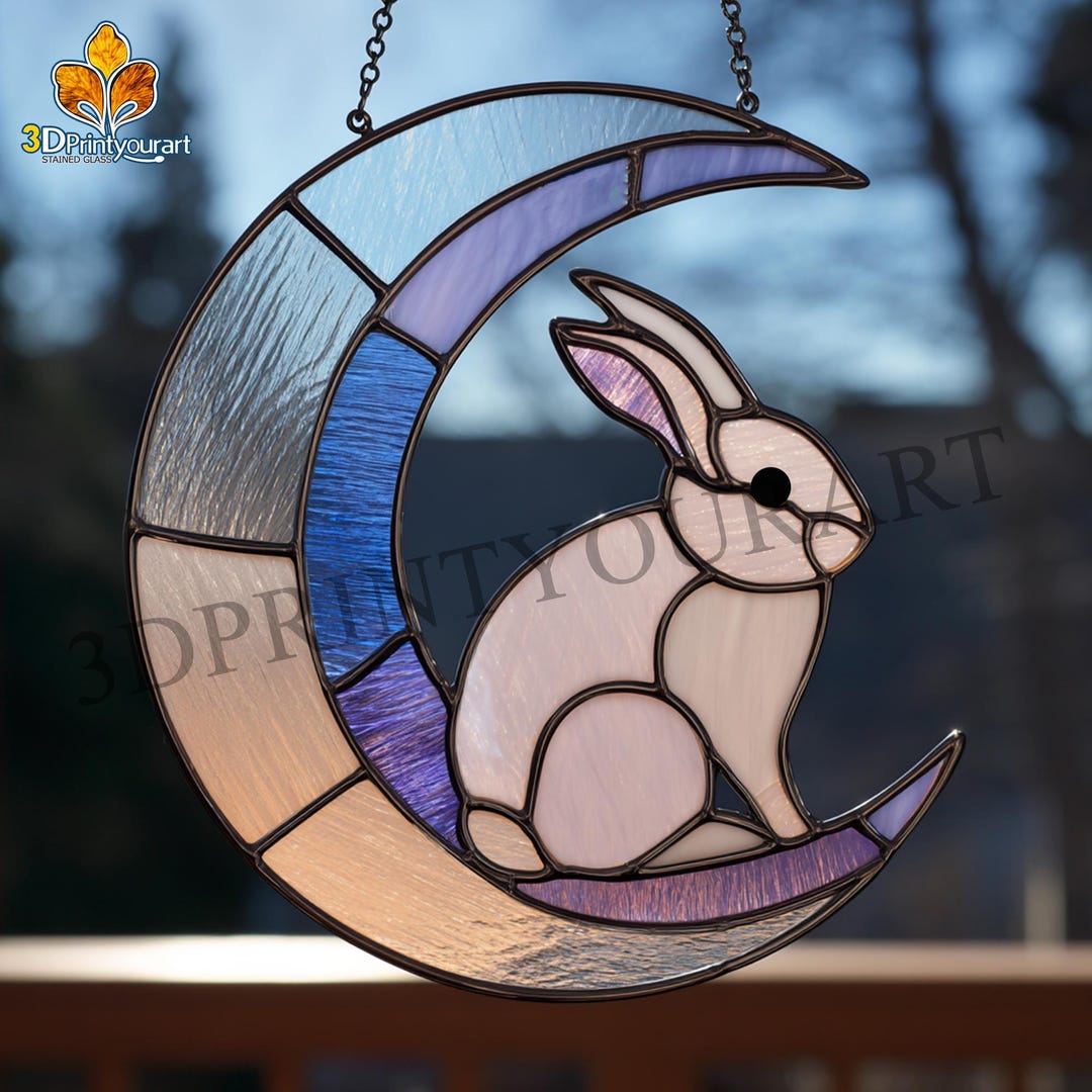 Stained Glass Primitive Rabbit Digital Download Stained Glass Rabbit and Moon Pattern | Festive ...