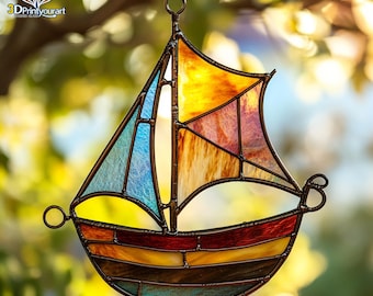 ステンドグラスパターン、ステンドグラス帆船パネル。PUN245、DIY