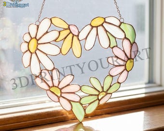 Pobierz cyfrowo wzór witrażu z sercem w kształcie stokrotki | Świąteczny projekt łapacza słońca | Pobierz licencję hobbystyczną