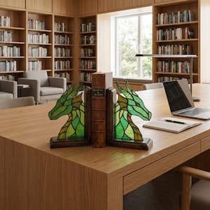 May include: A pair of stained glass bookends featuring green dragon heads with dark brown wooden bases. The two bookends are positioned on a wooden desk, supporting a brown book with the text "FOLKLORE & MYTHS" clearly visible on the spine.