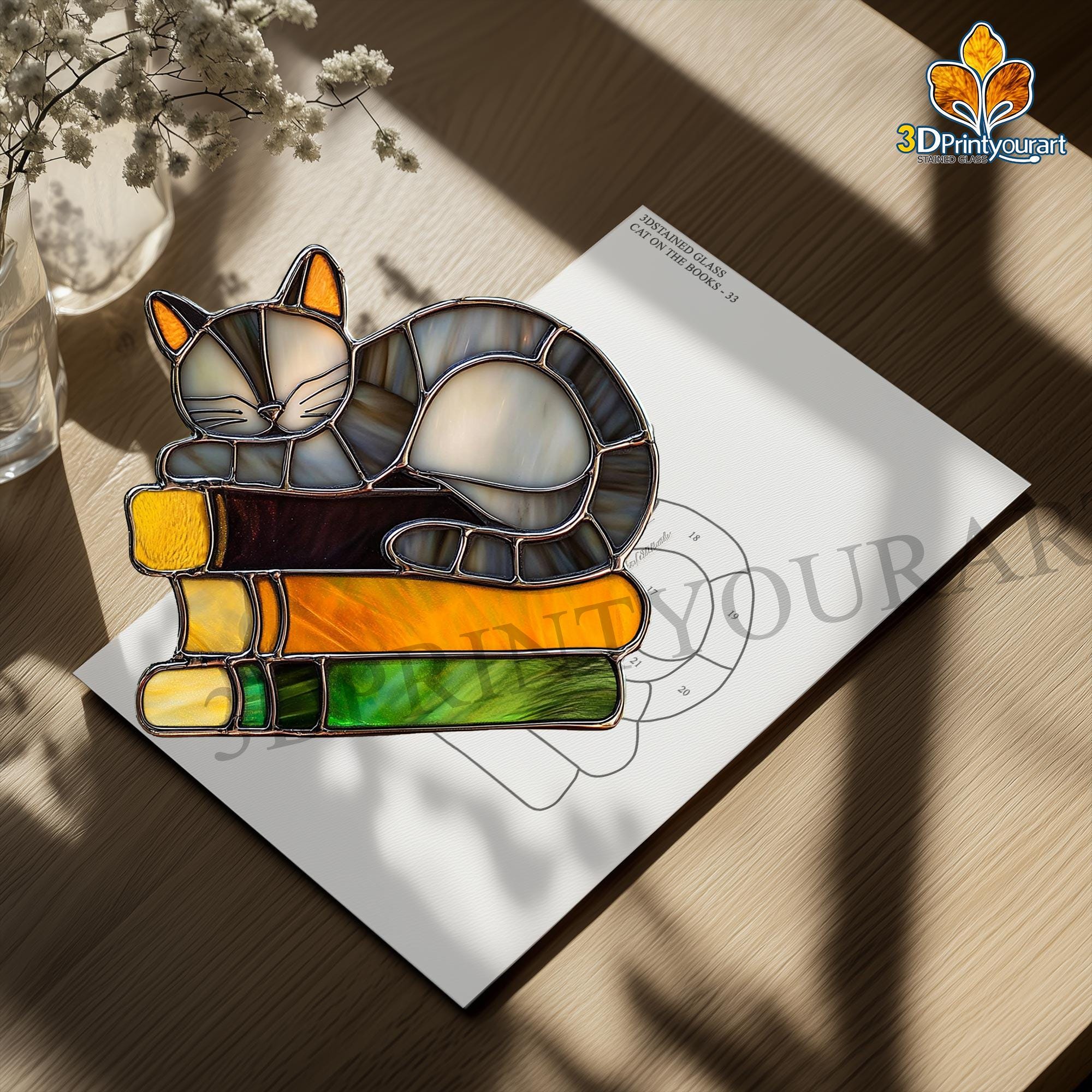 Digital Download Stained Glass Cat on the Book Pattern | Festive ...