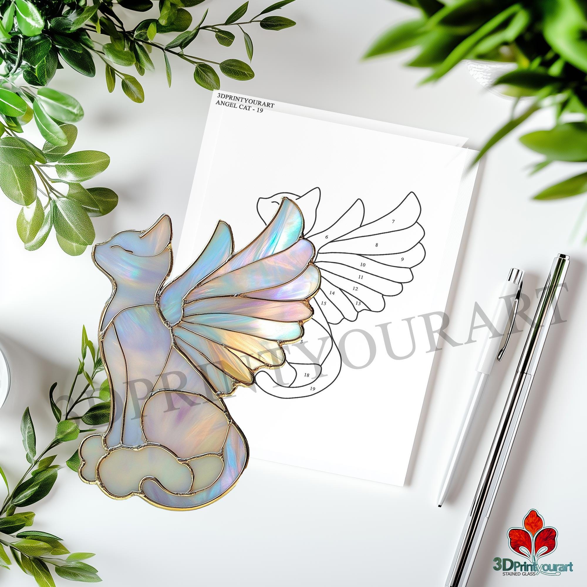 Digital Download Stained Glass Angel Cat Pattern | Festive Suncatcher ...