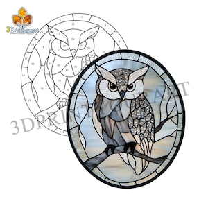 May include: A stained glass pattern of an owl with numbered sections for a craft project. The owl is perched on a branch with its wings spread. The pattern is in black and white.