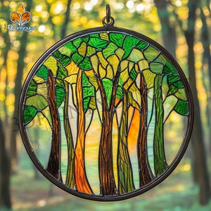 May include: A round stained glass window hanging with a design of a forest with trees in shades of green, brown, and orange.