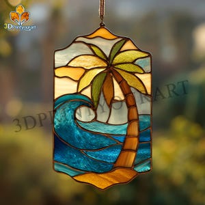 May include: A stained glass panel depicting a tropical beach scene with a palm tree, ocean waves, and a sunset. The panel is rectangular with a decorative top, suspended by a brown cord. The colours include blue, green, yellow, and brown. The panel is a decorative item.