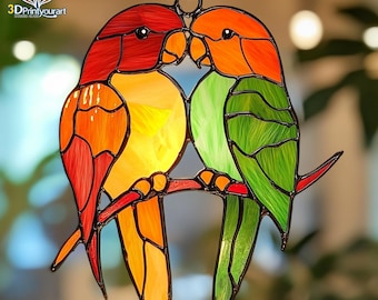 オウムのステンドグラスプリントセット：鮮やかな鳥の絵5枚（デジタル