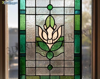May include: Stained glass window panel featuring a floral design with white, green, and clear glass. The design includes a central flower motif and geometric borders in shades of green. The window is set in a white frame.