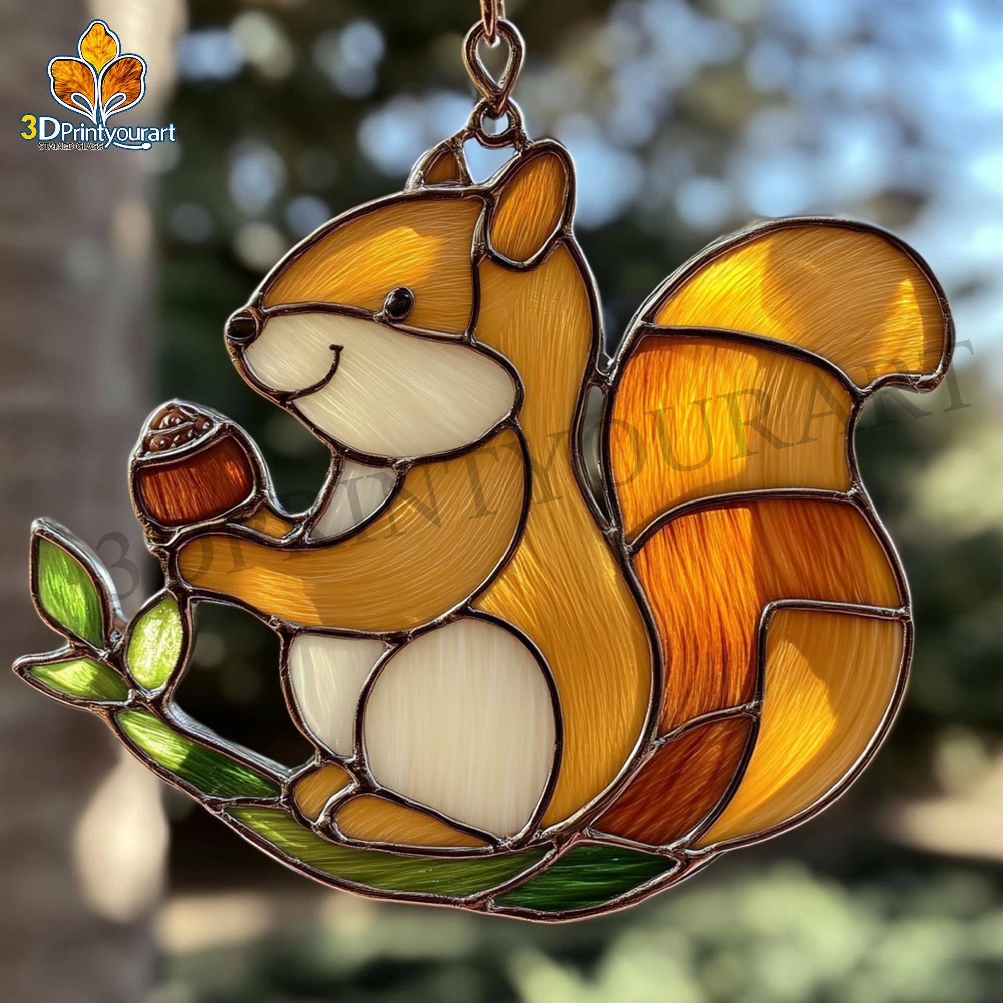 Download digital de padrão de esquilo marrom em vitral | Design festivo de apanhador de sol | Download de licença para hobby