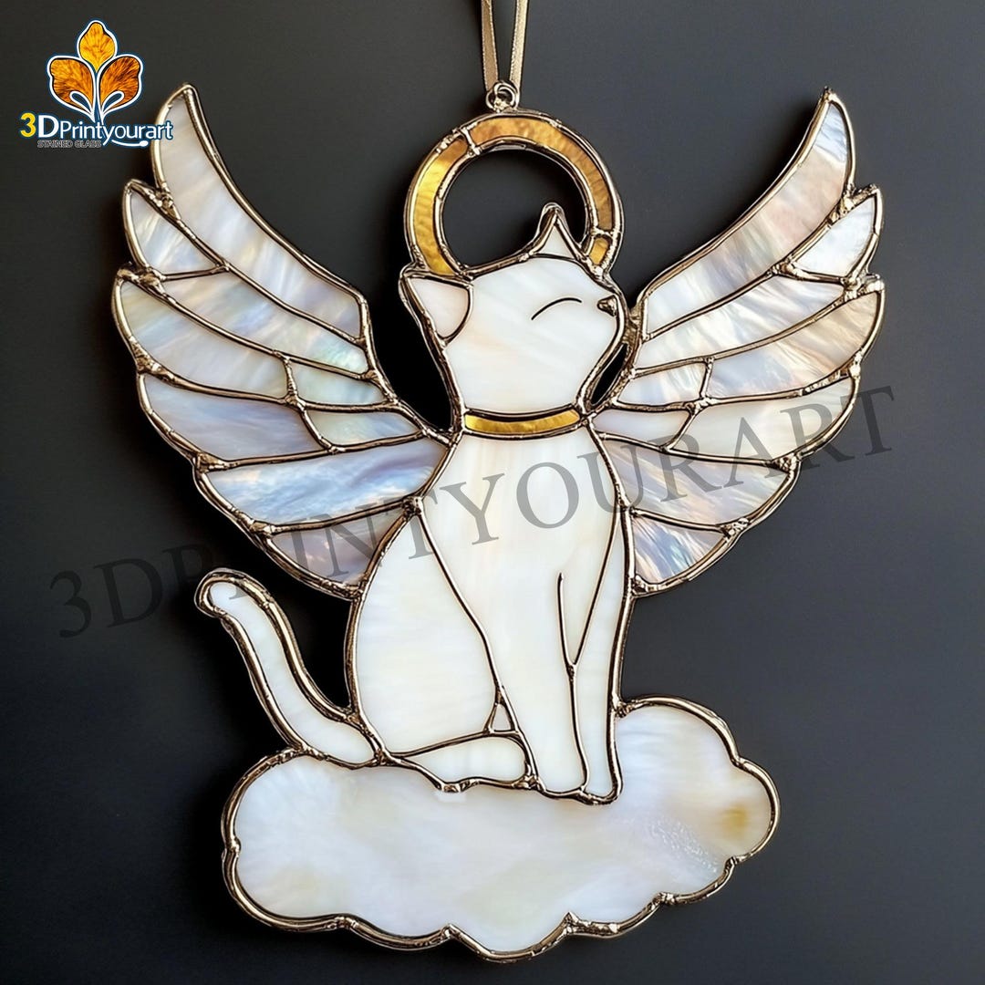 Digital Download Stained Glass Angel Cat Pattern | Festive Suncatcher ...