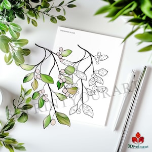 Digital Download Stained Glass Mistletoe with white berries N01 Pattern | Festive Suncatcher Design | Hobby License Download