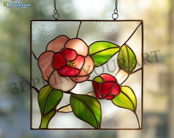 椿の花のステンドグラス窓用サンキャッチャー｜エレガントな花柄ガラス
