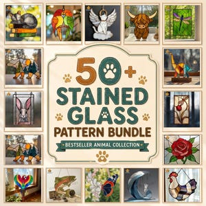 May include: A digital collection of 50+ stained glass patterns featuring various animals and floral designs. The central text reads 50+ STAINED GLASS PATTERN BUNDLE BESTSELLER ANIMAL COLLECTION, surrounded by small paw print icons and multiple framed images.
