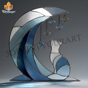 Puede incluir: Una escultura de vidriera de un gato mirando una luna creciente con estrellas colgantes. La obra de arte presenta tonos de azul, blanco y plata. La base tiene forma plana y rectangular. El texto "3DPrintyourart" es visible.