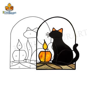 May include: A stained glass pattern of a black cat sitting next to a lit candle. The pattern is numbered for a stained glass project.