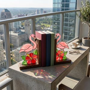 P3D45 Pink Flamingo Stained Glass Bookends, Tropical Flamingo Book Ends, Hibiscus Flower Bookends, Coastal Home Decor, Flamingo Lover Gift
