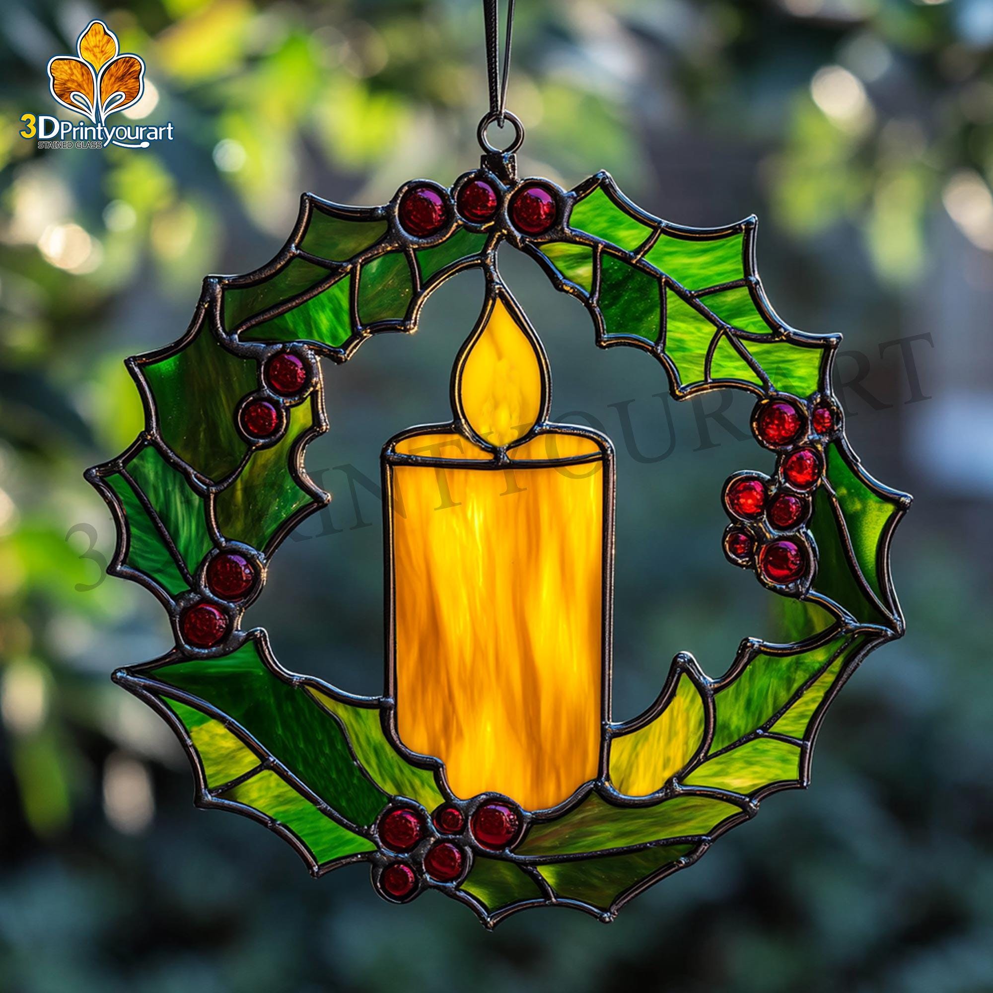 デジタルダウンロード ステンドグラスのクリスマスリースとキャンドル