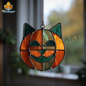 Digital Download Stained Glass Cat Pumpkin Pattern | Festive Suncatcher Design | Hobby License Download