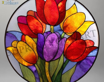 Pobierz cyfrowo wzór witrażu z tulipanem | Świąteczny projekt łapacza słońca | Pobierz licencję hobbystyczną