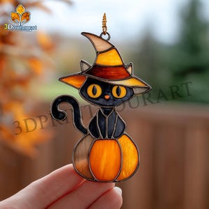 Digital Download Stained Glass Cat and Pumpkin Pattern | Festive Suncatcher Design | Hobby License Download
