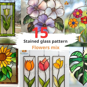 Puede incluir: Una colección de patrones de flores de vidrieras. La imagen presenta varios diseños florales, incluyendo tulipanes, girasoles y otras flores coloridas. Se muestra el texto "15 Stained glass pattern Flowers mix".