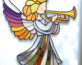 Digital Download Stained Glass Angel with trumpet N01 Pattern | Festive Suncatcher Design | Hobby License Download