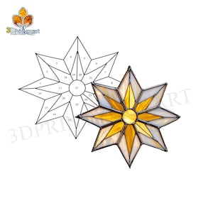 May include: A stained glass star with 27 pieces, numbered 1 through 27. The star is made of white, yellow, and gold glass. The star is a pattern for a stained glass project.
