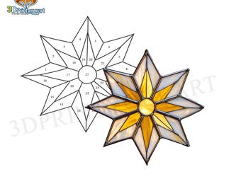 May include: A stained glass star with 27 pieces, numbered 1 through 27. The star is made of white, yellow, and gold glass. The star is a pattern for a stained glass project.