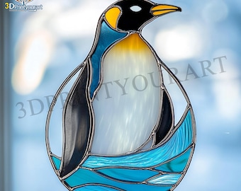 Digitale download pinguïn 02 van gebrandschilderd glas | Feestelijk suncatcher-ontwerp | Hobbylicentie downloaden