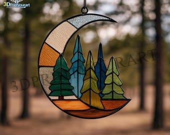 Digital Download Stained Glass Pine Tree and Moon Pattern | Festive Suncatcher Design | Hobby License Download
