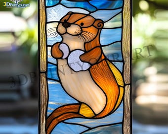 Descarga digital de patrón de nutria de vidrio de colores / Diseño de atrapasol festivo / Descarga con licencia de pasatiempo