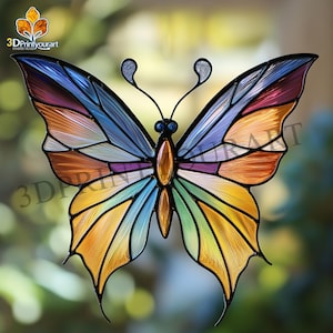 May include: A stained glass butterfly with a colourful design, featuring shades of blue, purple, orange, yellow, and green. The butterfly has a black outline and is made of glass.