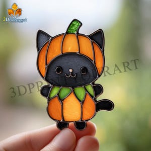 Digital Download Stained Glass Cat Wearing Pumpkin Pattern | Festive Suncatcher Design | Hobby License Download