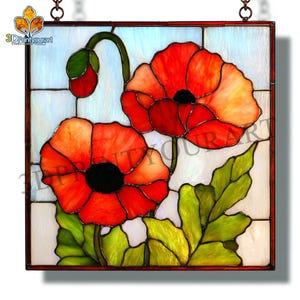May include: Stained glass panel featuring vibrant red poppies with black centers, green leaves, and a bud. The artwork is set against a white and light blue background, framed in red, and includes the text "3DPrintyourart".