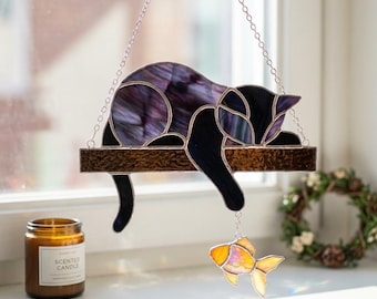 P3D129 Stained Glass Sleeping Black Cat Suncatcher with Dangling Goldfish Window Hanging Cute Pet Decor Cat Lover Gift Animal Art