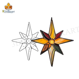 May include: A stained glass star with 15 pieces, numbered 1 through 15. The star is yellow, orange, red, and green. The star is a pattern for a stained glass project.