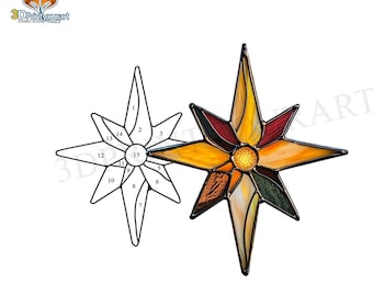 May include: A stained glass star with 15 pieces, numbered 1 through 15. The star is yellow, orange, red, and green. The star is a pattern for a stained glass project.