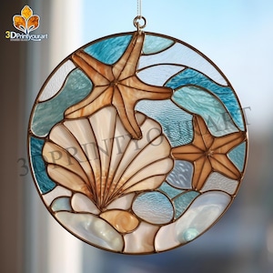 Descarga digital de patrón de concha y estrella de mar de vidrio emplomado / Diseño de atrapasol festivo / Licencia de pasatiempo