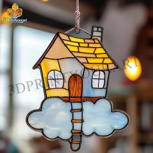 Digital Download Stained Glass House in the Clouds Pattern | Festive Suncatcher Design | Hobby License Download