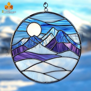 Digital Download Stained Glass  Mountains Winter Pattern | Festive Suncatcher Design | Hobby License Download