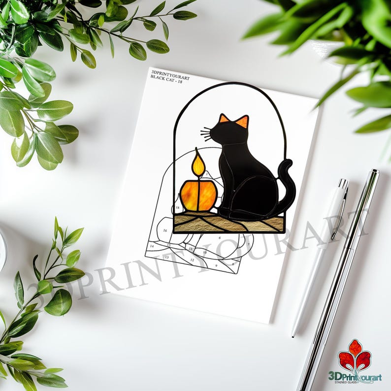 May include: A black cat sitting next to a lit candle in a stained glass window design. The design is printed on a white sheet of paper with the text "3DPRINTYOURART BLACK CAT - 18".